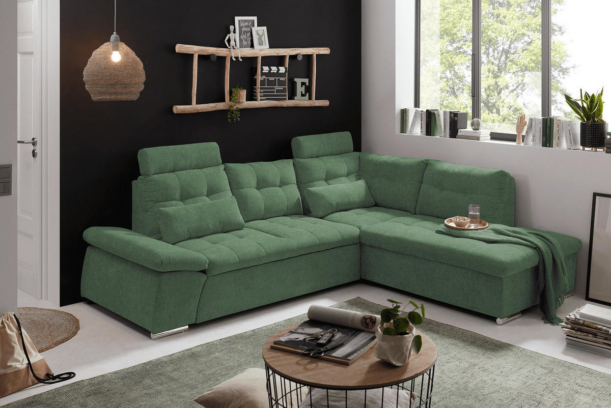 ECKSOFA mit Schlaffunktion, verstellbare Armlehne und Kopfstützen - Chromfarben/Grün, Textil (219/260cm) - ed exciting design