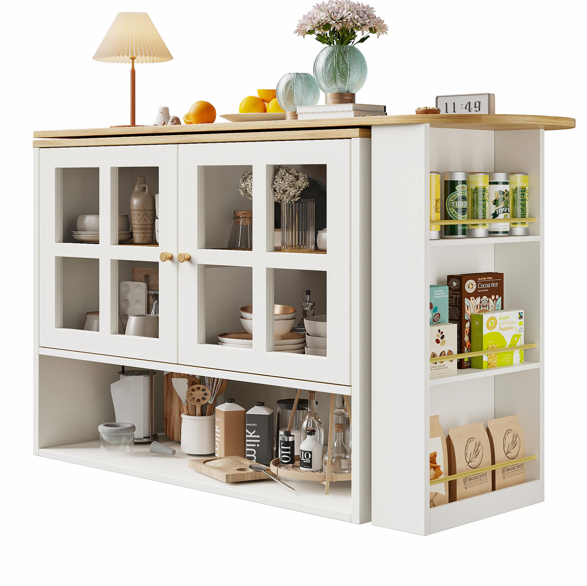 Modfu OTOČNÝ barový stůl z MDF 138–204x39x102,5 cm bílý s tvrzeným sklem, výsuvnou délkou a úložným prostorem