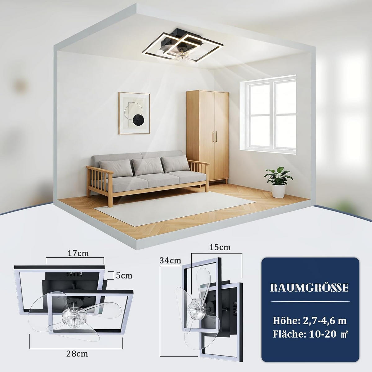 LED DECKENVENTILATOR 37/37/16.5cm - Schwarz, Metall (37/37/16.5cm) - Nettlife