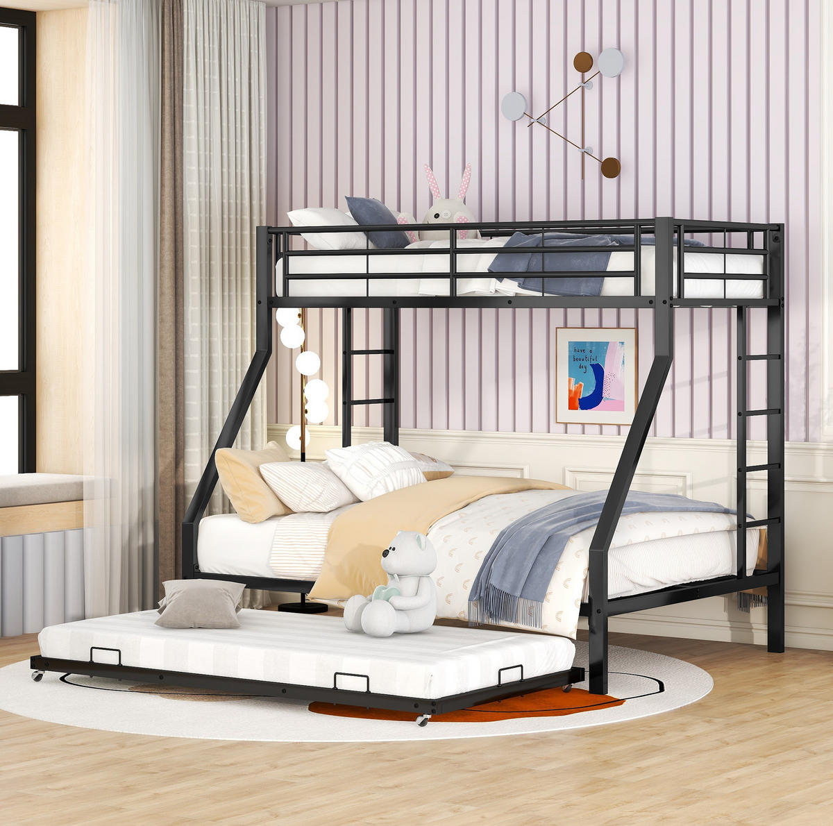 ETAGENBETT 90/200 cm aus Metall mit Ausziehbett und beidseitigen Leitern, Schwarz - Schwarz, Holzwerkstoff (90/190cm) - Redom