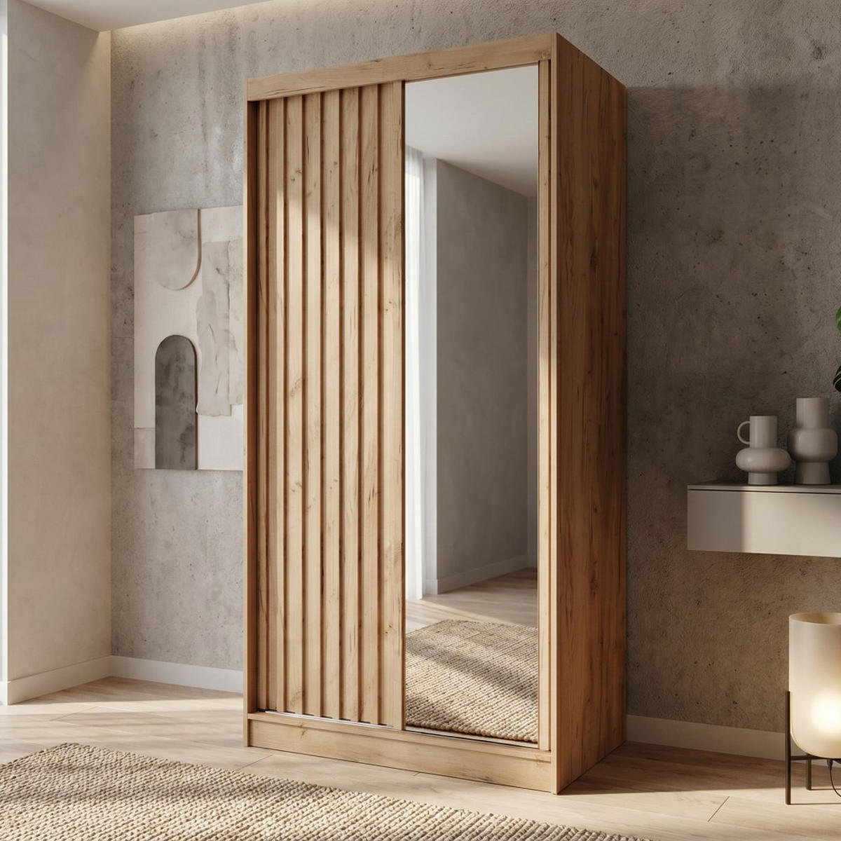 SCHWEBETÜRENSCHRANK Donatello 100/205/60 2-türig eiche Artisan mit Spiegel - Eiche Artisan, Holzwerkstoff (100/205/60cm) - Beautysofa