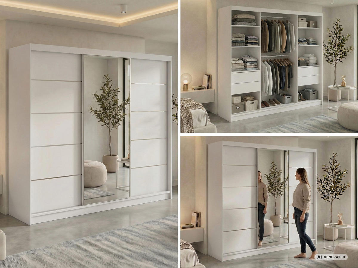 SCHWEBETÜRENSCHRANK mit Schubladen 240 - SKORIA - Weiß mit Spiegel - Alufarben/Weiß, Holzwerkstoff/Metall (240/216/61cm) - MKS