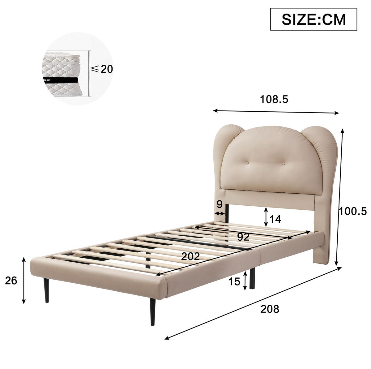 KINDERBETT 90/200 cm mit tierförmigem Kopfteil, stabilem Lattenrost und Eisenrahmen, PU, Beige - Beige, Kunststoff (90/200cm) - Redom