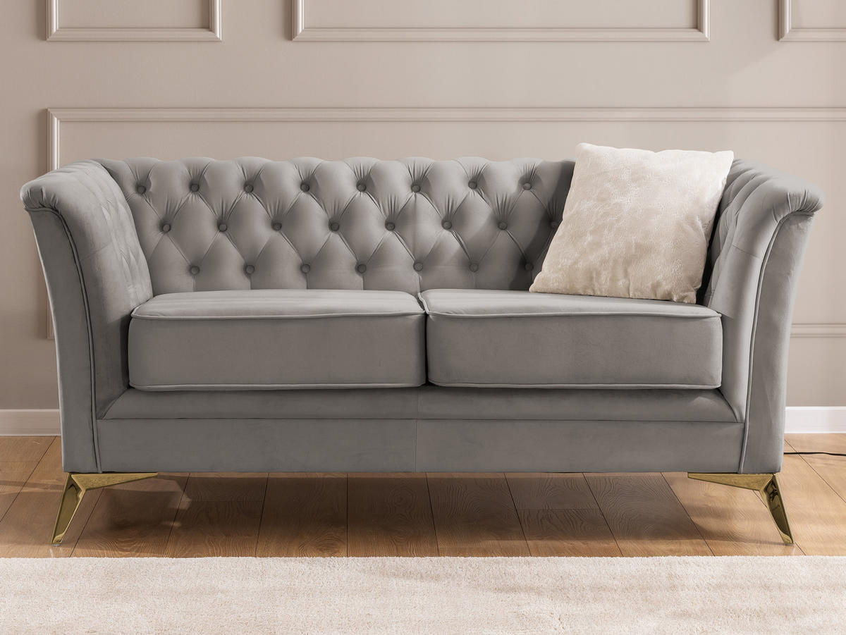 SITZGARNITUR 2+1 Chesterfield Whitby Grau Samt mit goldenen Füßen - Goldfarben/Grau, Holz/Textil (175/78/82cm) - S-Style Möbel