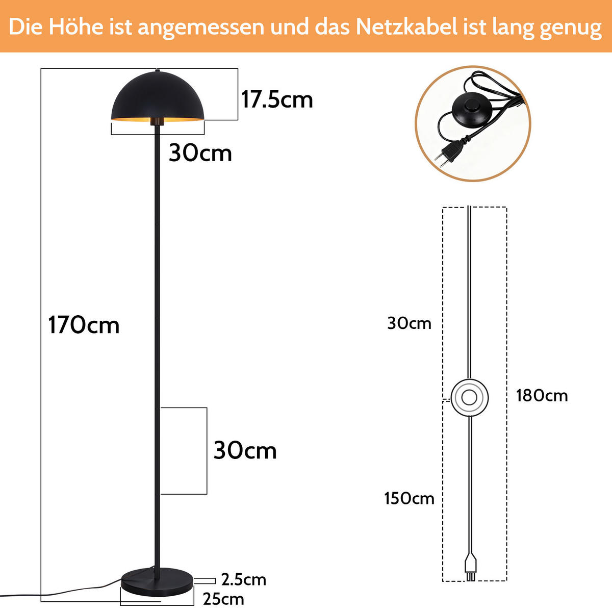 STEHLAMPE Zrelis 30/30/170 cm - Schwarz, Metall (30/30/170cm) - ZMH