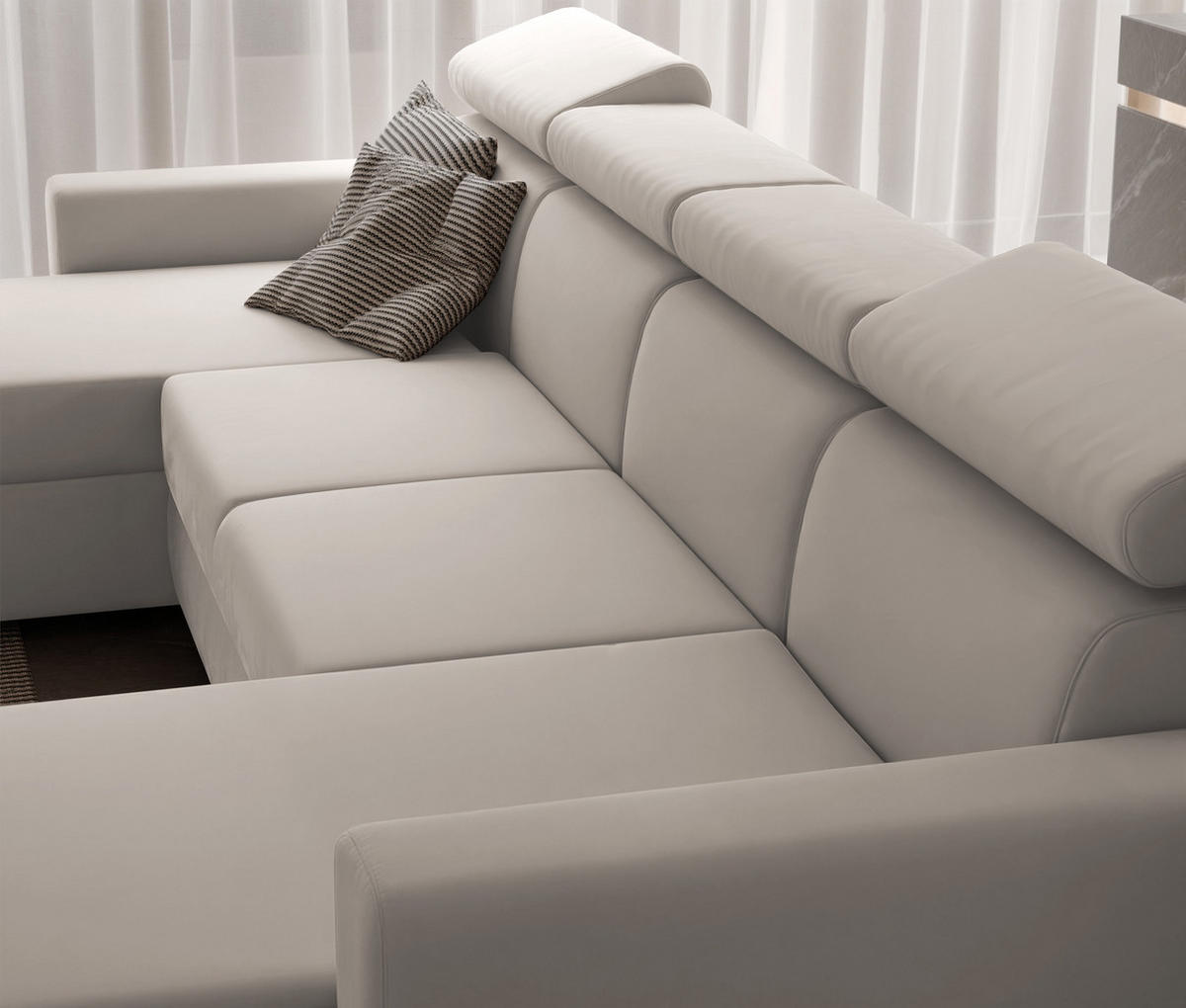 WOHNLANDSCHAFT BENI U II mit verstellbaren Kopfstützen und Schlaffunktion, Farbe Creme - Creme/Schwarz, Kunststoff/Textil (302/60/166cm) - Idohome