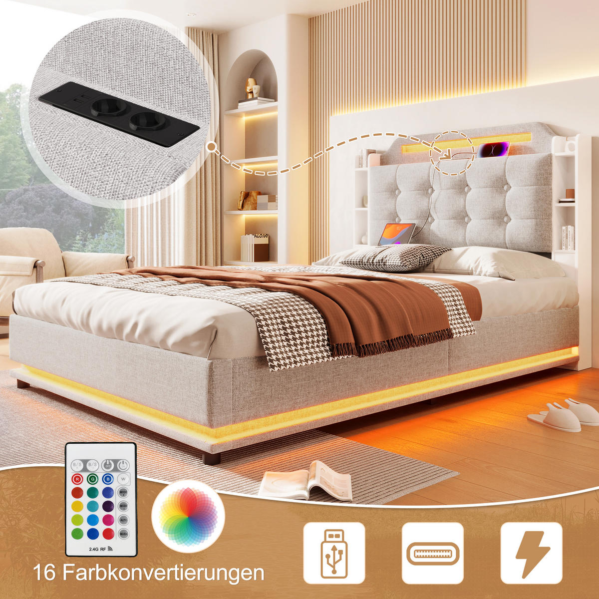 POLSTERBETT 140x200cm Beige Leinen LED-Licht Hydraulik USB-C - Beige, Holz (140/200cm) - FLIEKS