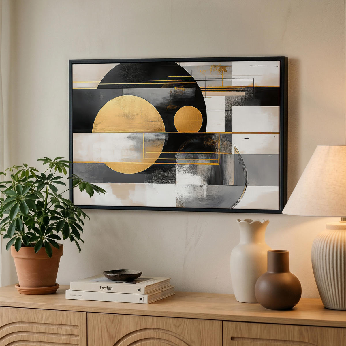 LEINWAND Bilder mit Rahmen - Abstrakt - Gold - Silber - Formen - Ästhetisch - Modern - 60x40 - Goldfarben, Textil (60/40cm) - MuchoWow