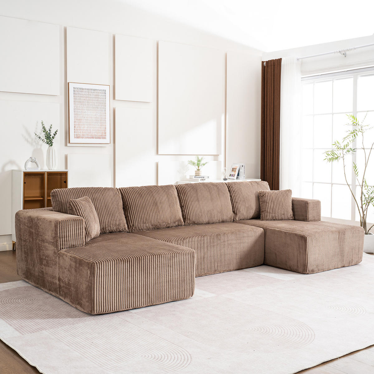 WOHNLANDSCHAFT Cord Braun mit Kissen - Braun, Textil (332/88/156cm) - WISHDOR