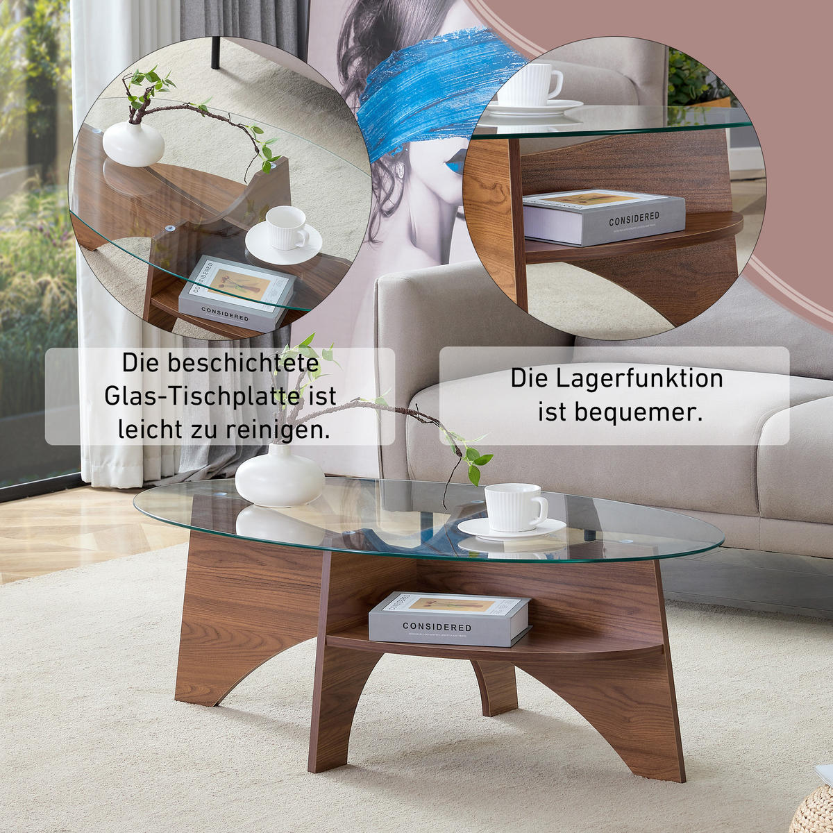 COUCHTISCH in Walnussfarbe Moderner ovaler Beistelltisch mit Holzoptik für Esszimmer und Wohnzimmer, B104.9/T60/H35.6 cm - Transparent/Walnussfarben, Glas/Holzwerkstoff (60/104.9/35.6cm) - STILVORA