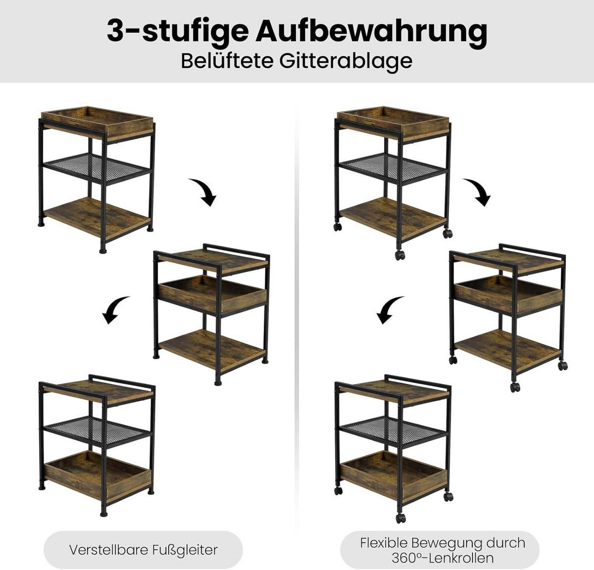 BEISTELLTISCH, mit Rollen, 3 Ablagen 1 abnehmbares Tablett - Dunkelbraun/Schwarz, Holzwerkstoff/Metall (28.5/41.5/51.5cm) - Woltu