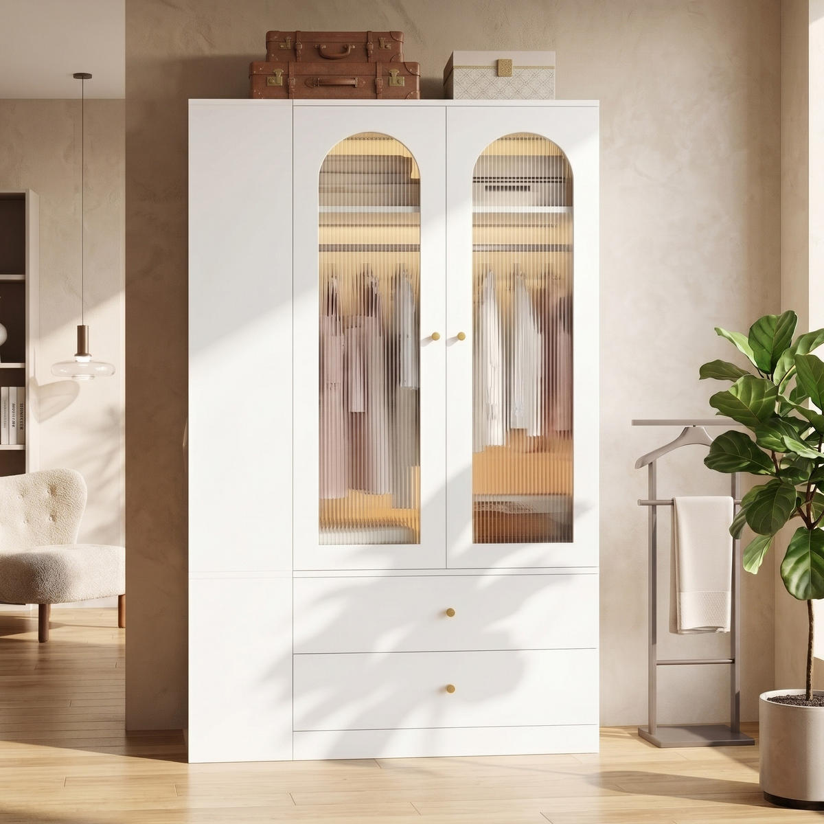 KLEIDERSCHRANK Weiß 120x200cm, 4 Schubladen, 2 Glastüren & 2 Kleiderstangen - Weiß, Holzwerkstoff (120/200/50cm) - Urban Meuble