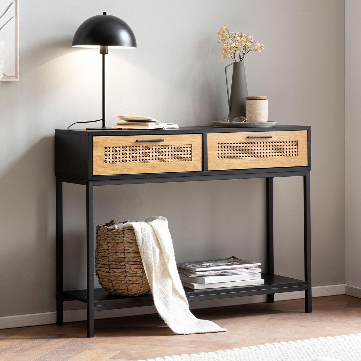 KONSOLENTISCH – Schwarz, 100x30x75 cm, mit Wiener Geflecht, Schubladen und Ablage - Schwarz, Holzwerkstoff/Metall (30/100/75cm) - KADIMA DESIGN