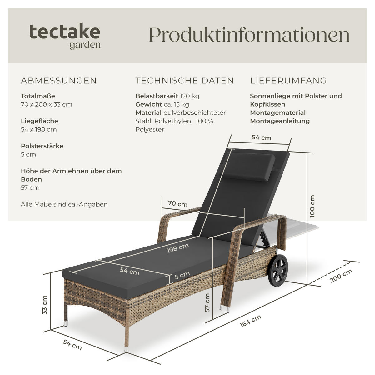 RATTAN-SONNENLIEGE ,200 x 70 x 33 cm,natur/dunkelgrau - Naturfarben, Kunststoff (70/33/200cm) - tectake