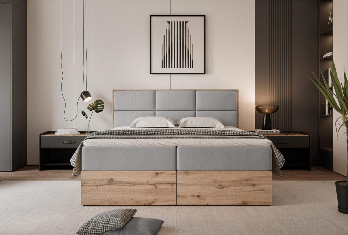 BOXBETT LAVIO 180/200 cm, in Grau, mit Matratze und Topper - Grau, Holzwerkstoff/Textil (180/200cm) - Idohome
