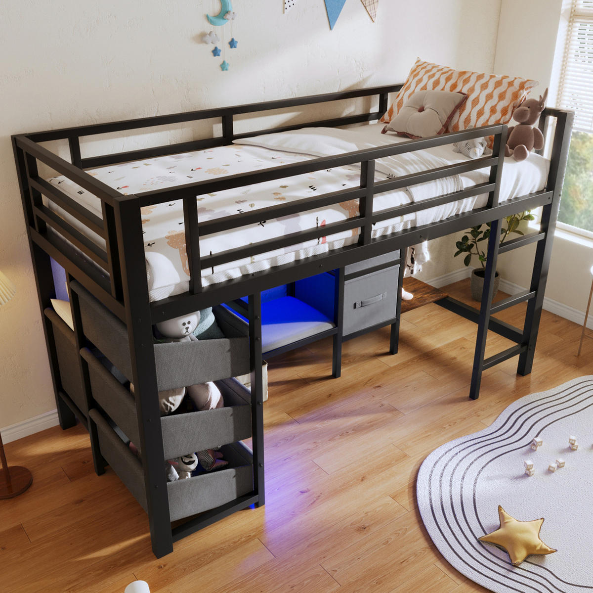 HOCHBETT 90/200 cm in Schwarz – mit LED, Sitzkissen und Stoff-Stauraum - Schwarz, Metall (90/200cm) - BEAOK