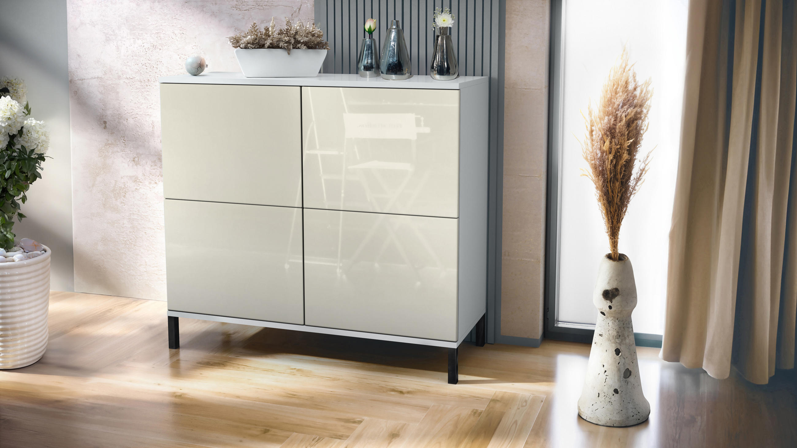 KOMMODE Rova Creme Hochglanz - Creme, Holzwerkstoff (92.5/83.5/35cm) - Vladon