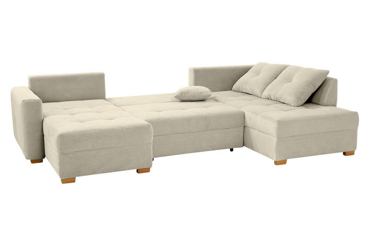 WOHNLANDSCHAFT mit Schlaffunktion und Bettkasten, spiegelverkehrt montierbar U-Form B313/T200/H92 cm, Cord Beige Grau / 15218 - Greige/Eichefarben, Holz/Textil (313/92/200cm) - luma-home
