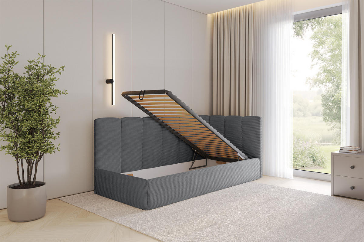 EINZELLBETT Jugendbett mit Bettkasten, Links - DEXY 90x200 Dunkelgrau - Graphitfarben, Holzwerkstoff/Textil (90/200cm) - ALTDECOR