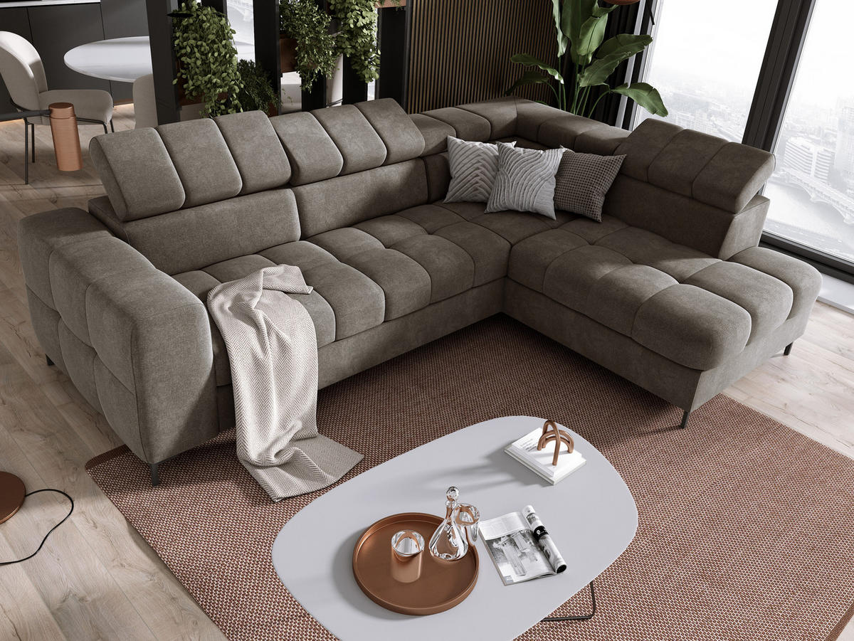 ECKSOFA PABLOS Vogue, L-förmig, Moderne, mit verstellbarem Kopfteil, Schlaf- & Lagermöglichkeiten, freistehend, RECHTS 279x201x97 cm Taupe - Taupe, Holz/Textil (279/201cm) - DomoHome
