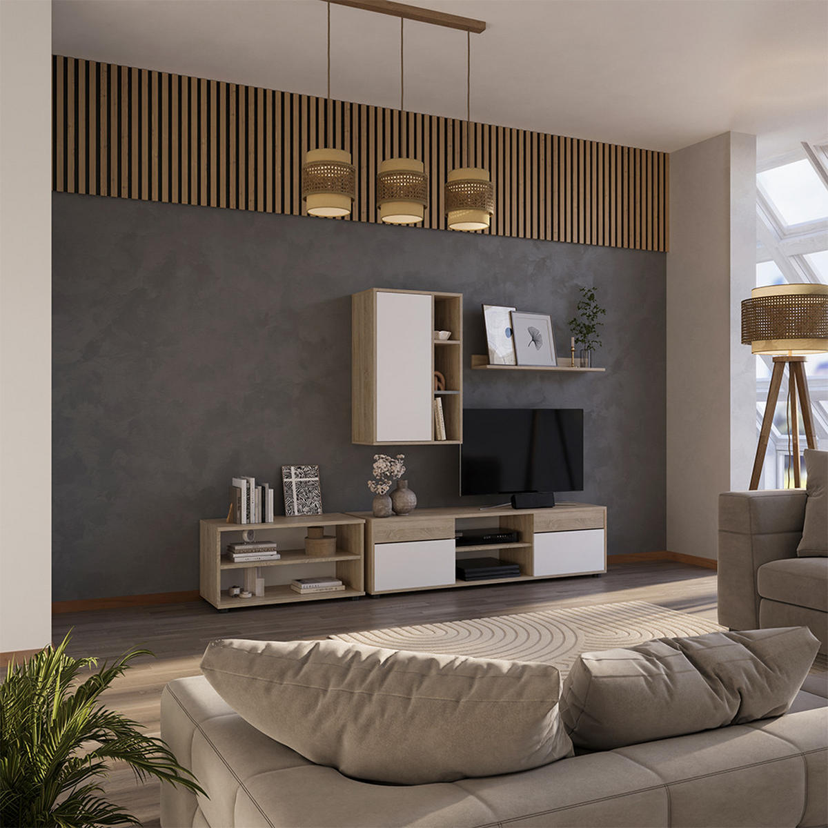 ŽIVÁ STĚNA Berno Sonoma/bílá - bílá/Sonoma dub, kompozitní dřevo (139.8/38.9/35.4cm) - Vicco