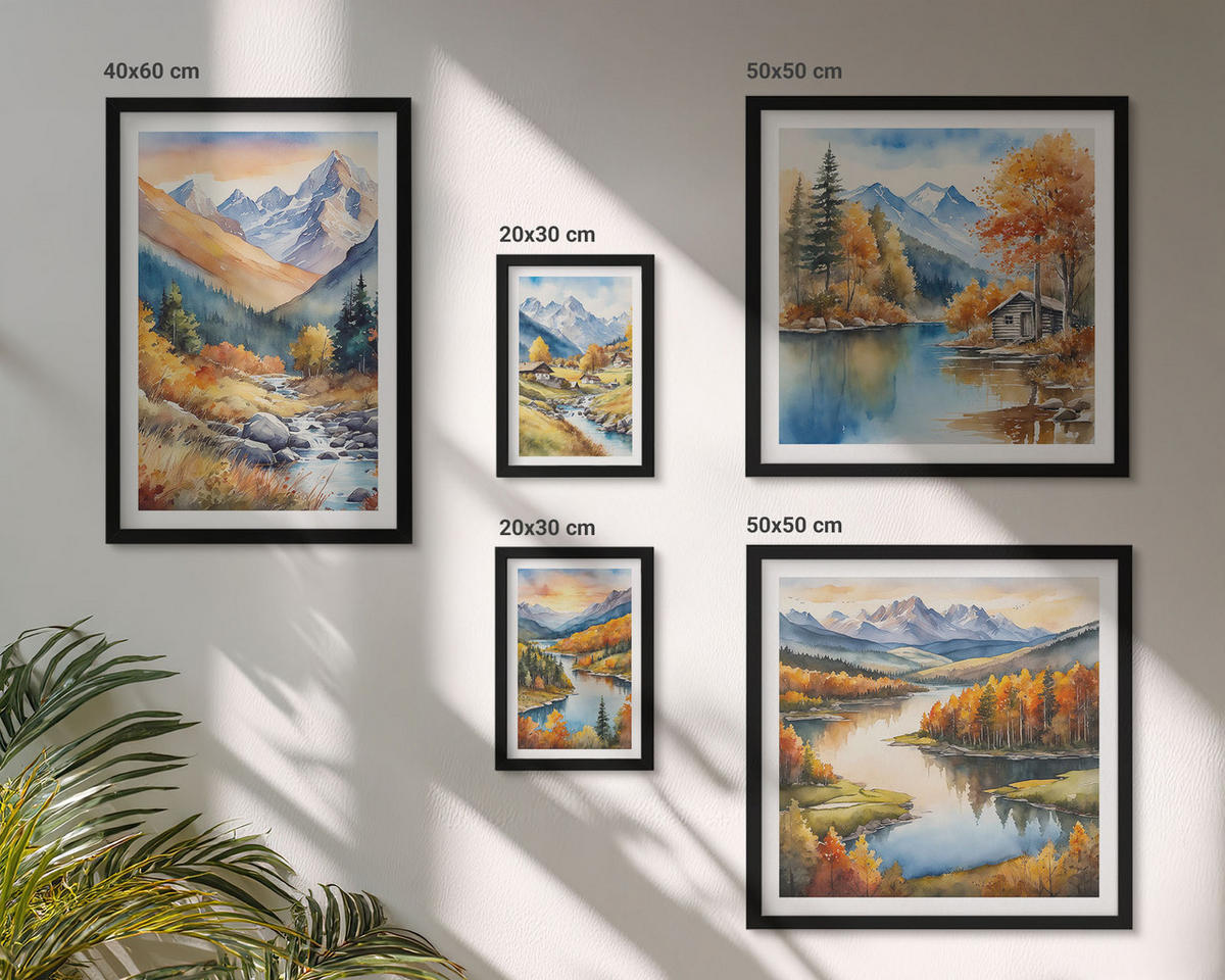 WANDBILDER 5er-Set - 50x50 cm & 20x30 cm & 40x60 cm Schwarzer Rahmen - Berglandschaft, Flusshütten - Schwarz, Kunststoff (40/60cm) - ArtPrintCave