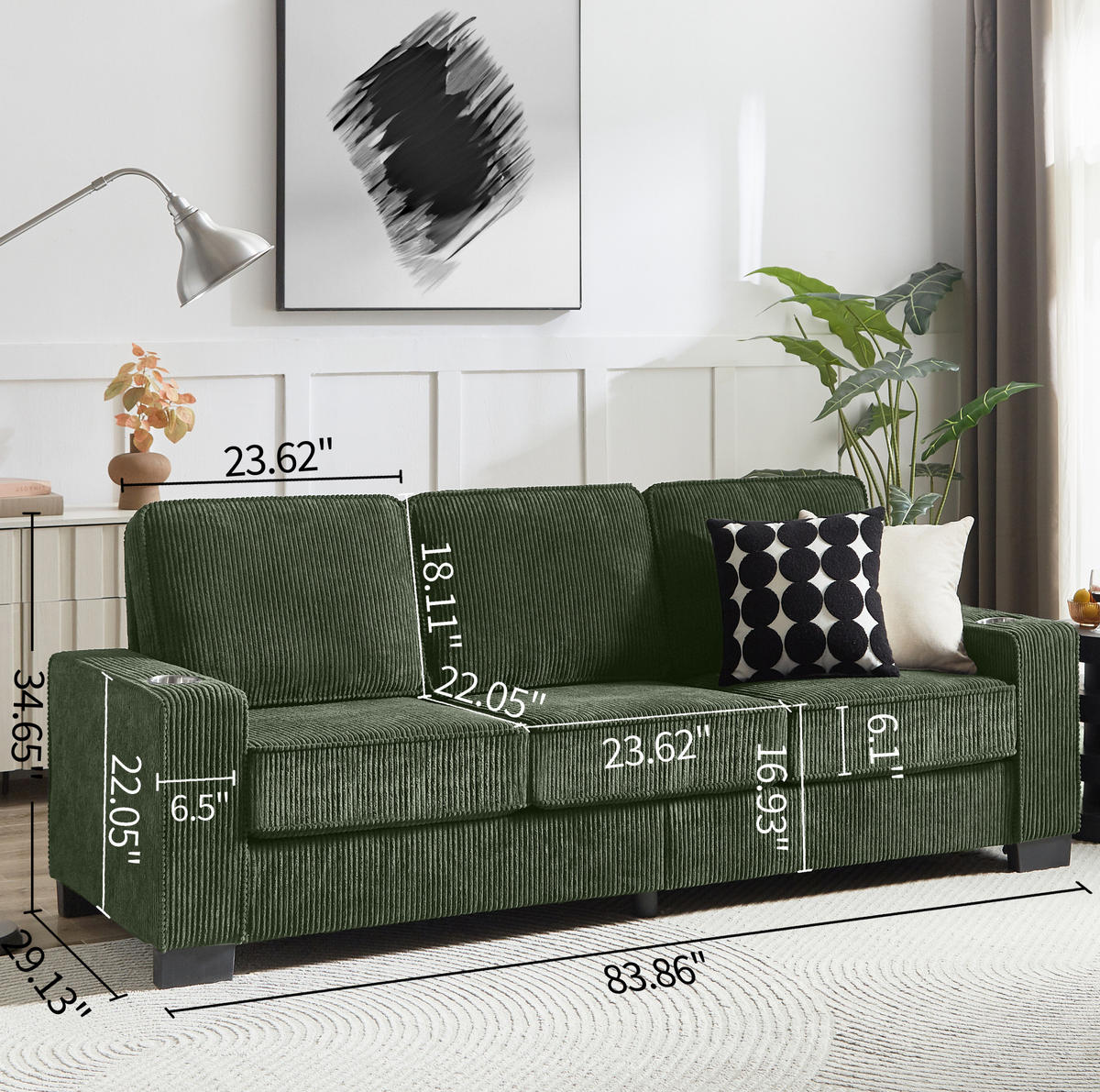 SOFA 3-Sitzer mit Getränkehaltern Cord Grün 206 cm - Grün, Holzwerkstoff (206/86/76cm) - Meubliv