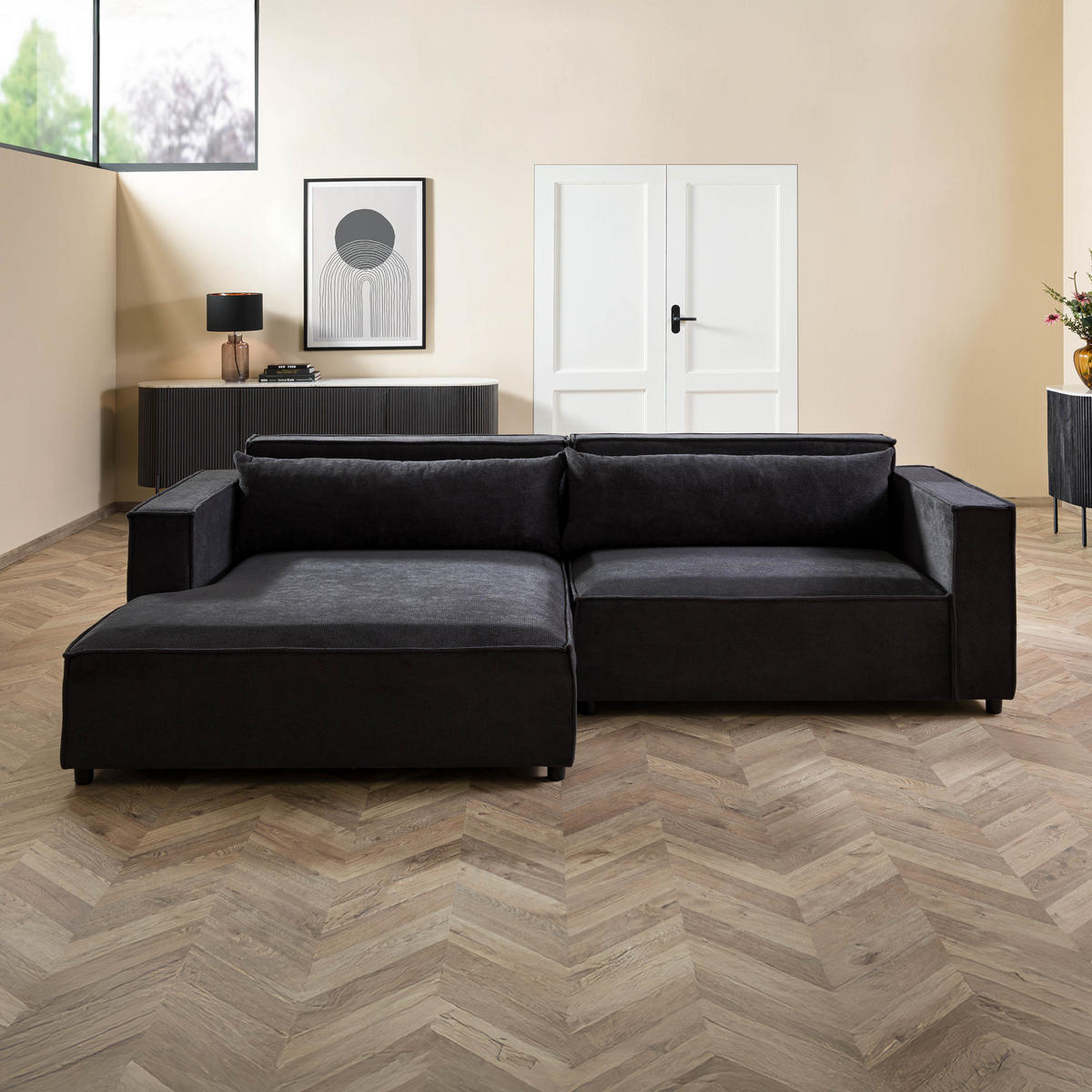 ECKSOFA Ottomane links Geflechtstoff 266x150x80 anthrazit FINN - Anthrazit, Textil (150/266cm) - Massivmoebel24