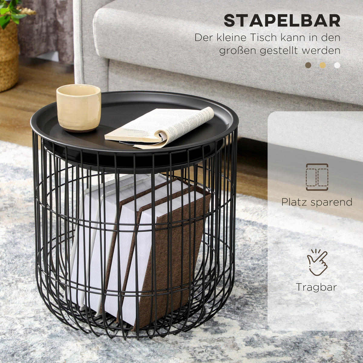 COUCHTISCH-SET 40/40/40 cm & 35/35/35 cm stapelbar mit Stauraum und abnehmbarer Platte, Schwarz - Schwarz, Metall (40/40/40cm) - Redom