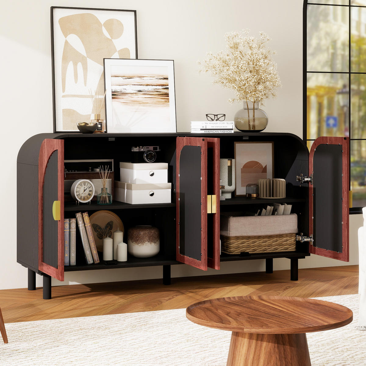 SIDEBOARD DE-38098 150/40/80 cm mit 4 Türen und Soft-Close Rotbraun - Schwarz, Holzwerkstoff (150/80/40cm) - ComfortXL