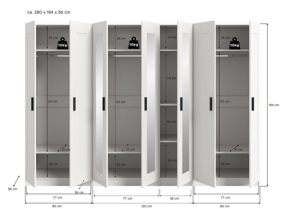 KLEIDERSCHRANKKOMBINATION VISBY (B/H/T: ca. 280/194/56 cm) in weiß/weiß - Weiß, Holzwerkstoff (280/194/56cm)