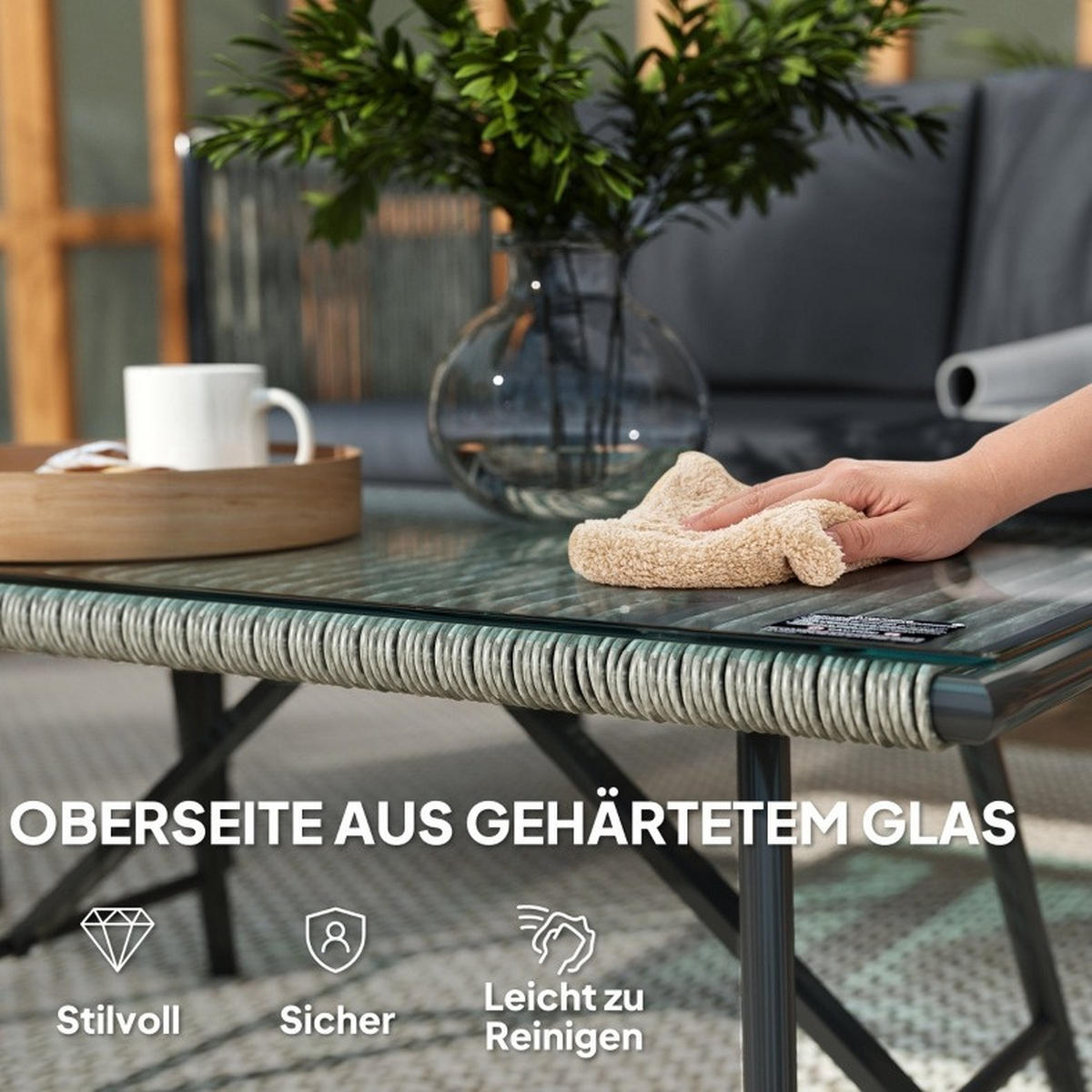 BALKONMÖBEL-SET 116/65/68 cm mit Tisch, Kissen und Glasplatte, Polyrattan, Grau - Grau, Naturmaterialen - Redom