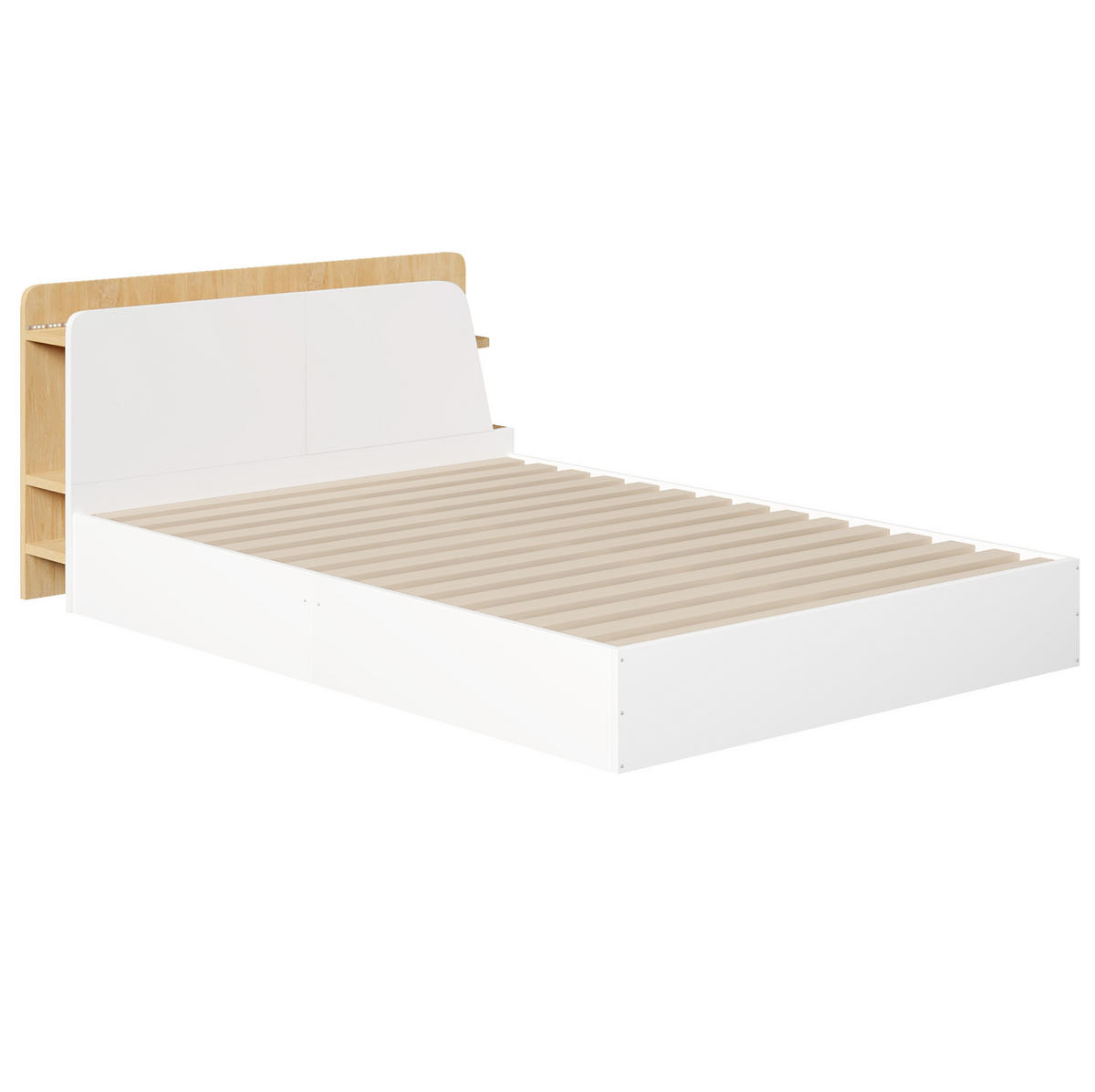 PANEELBETT 140/200 cm mit hydraulischem Stauraum, LED, USB-C und Kopfteilregal aus Kiefernholz, Weiß/Natur - Weiß, Holz (140/200cm) - Redom