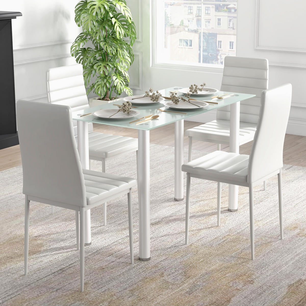 5-TLG. Essgruppe, Esstisch mit 4 Stühlen, Küchentisch mit Hartglasplatte Weiß - Weiß, Kunststoff (60/97/120cm) - HOMCOM