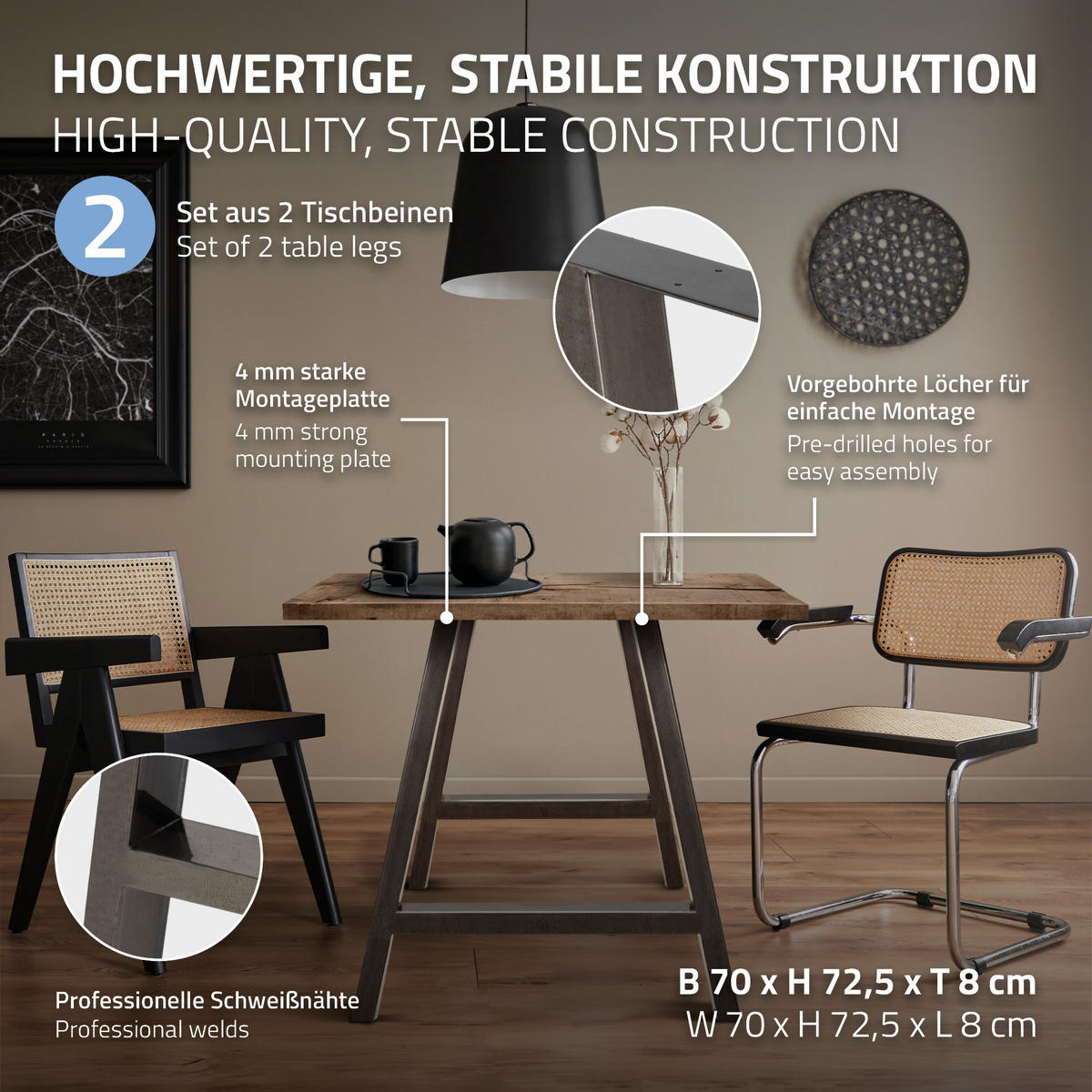 TISCHBEINE 2er Set 70 x 72,5 cm Dunkelgrau A-Form - Graubraun, Metall (70/8/72.5cm) - ECD-Germany