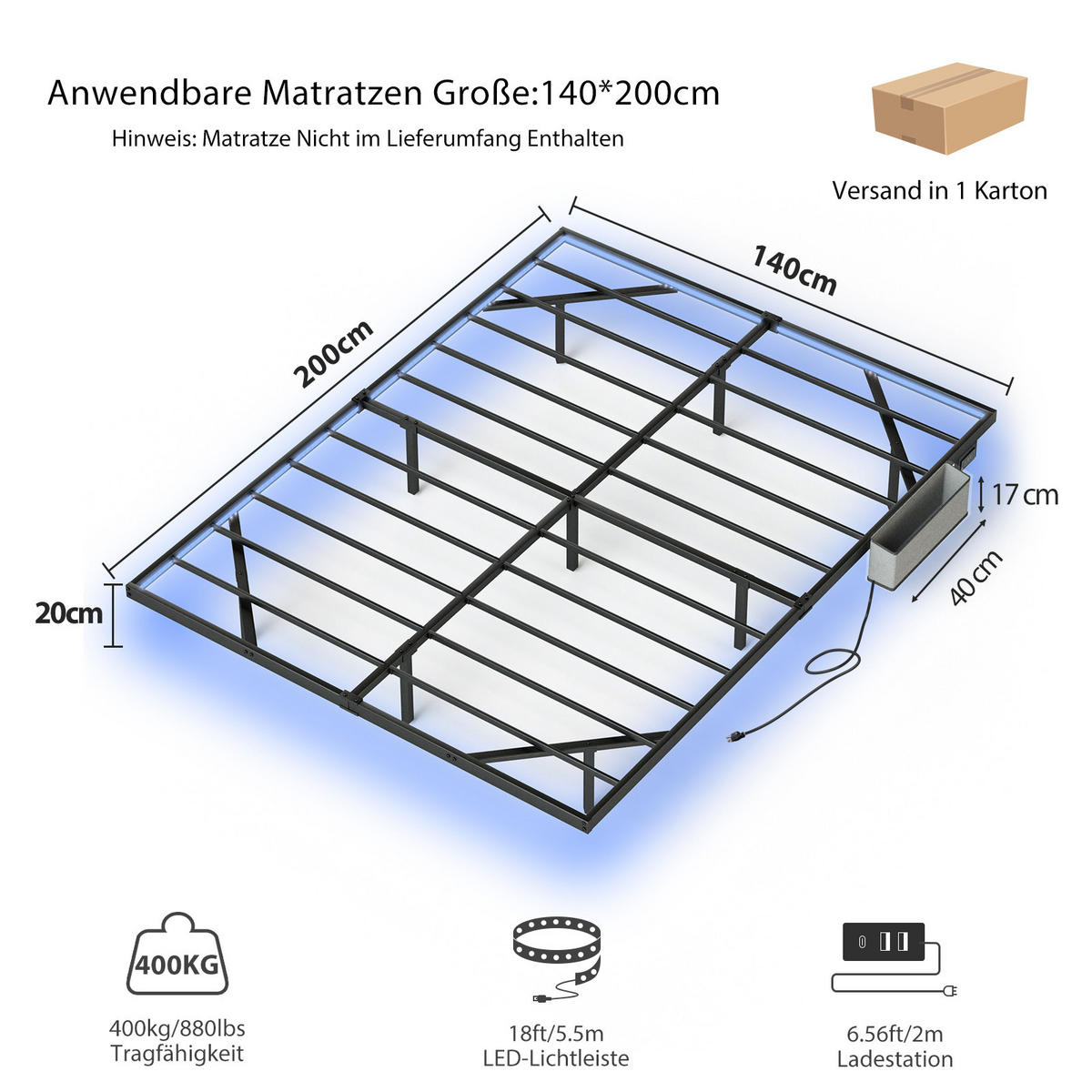 METALLBETT 140/200 cm DE-03643, mit LED-Beleuchtung und Aufbewahrungstasche, in Schwarz - Schwarz, Metall (140/200cm) - ComfortXL