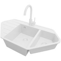 GRANITSPÜLE Kopenhagen Corner, 2-er set Alles Weiß 90/50 cm 1,5 Becken + Küchenarmatur 32/20 cm + Ablauf-Set ab 70er Unterschrank - Weiß, Kunststoff (90/18/50cm) - Primagran