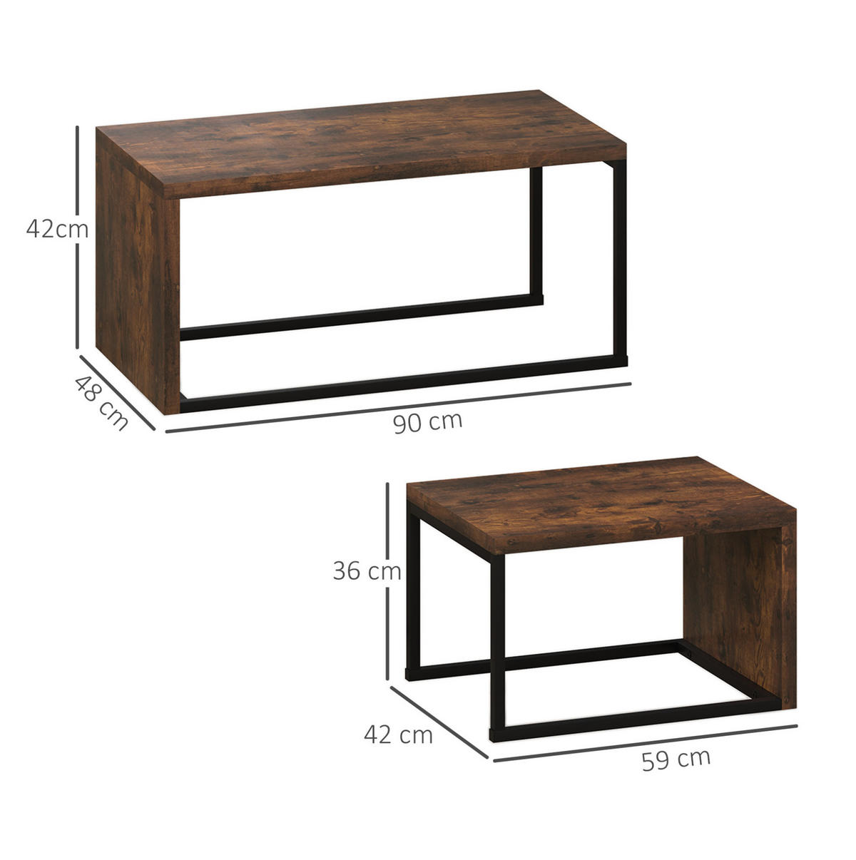 COUCHTISCH-SET 90/48/42 cm & 59/42/36 cm aus Holzwerkstoff mit Metallgestell - Braun, Holz (90/48/42cm) - Flora Grace