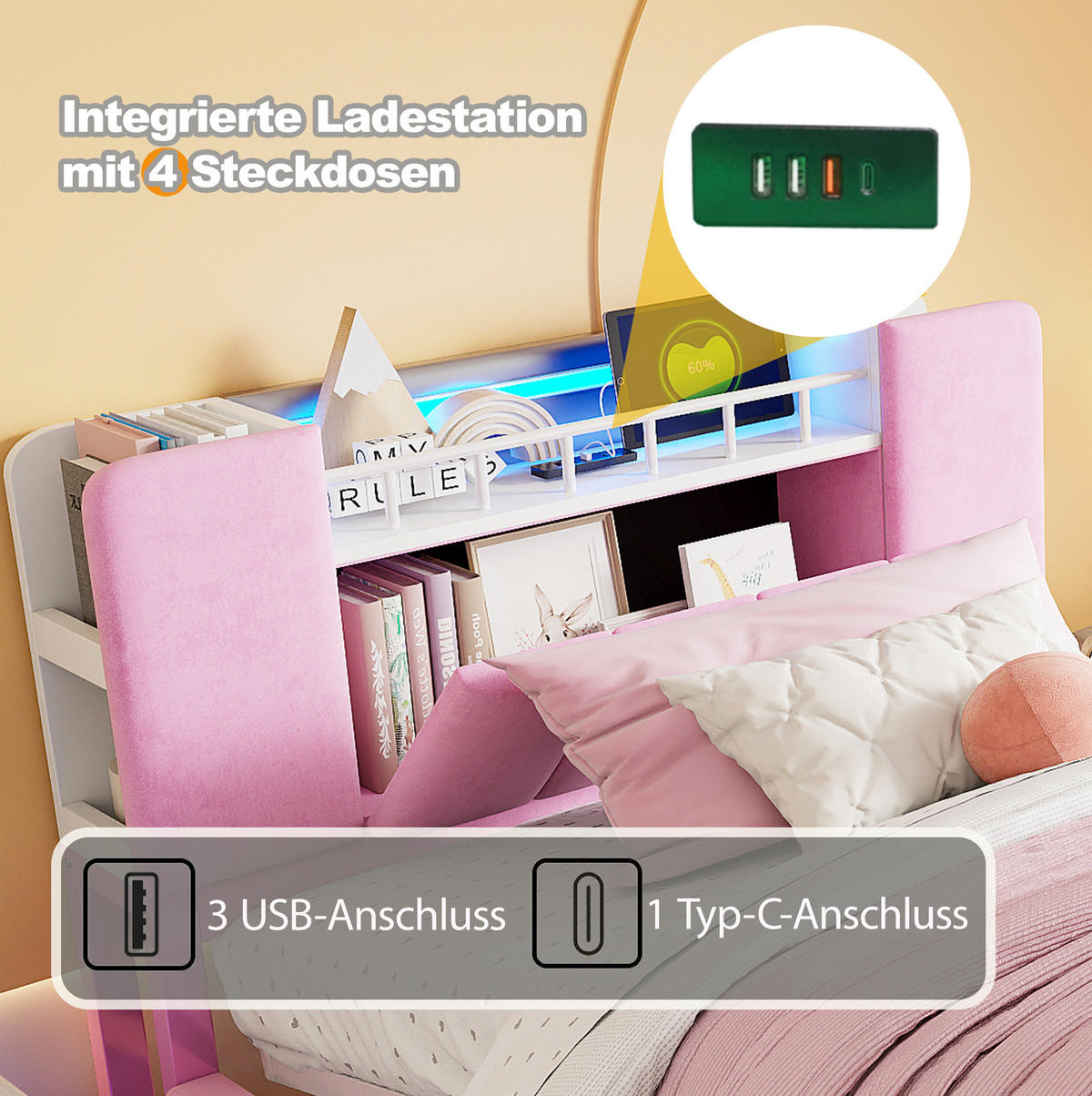 KINDERBETT Polsterbett 90/200 cm aus Samt mit LED-Beleuchtung und Stauraum Rosa - Rosa, Textil (90/200cm) - Modenvie