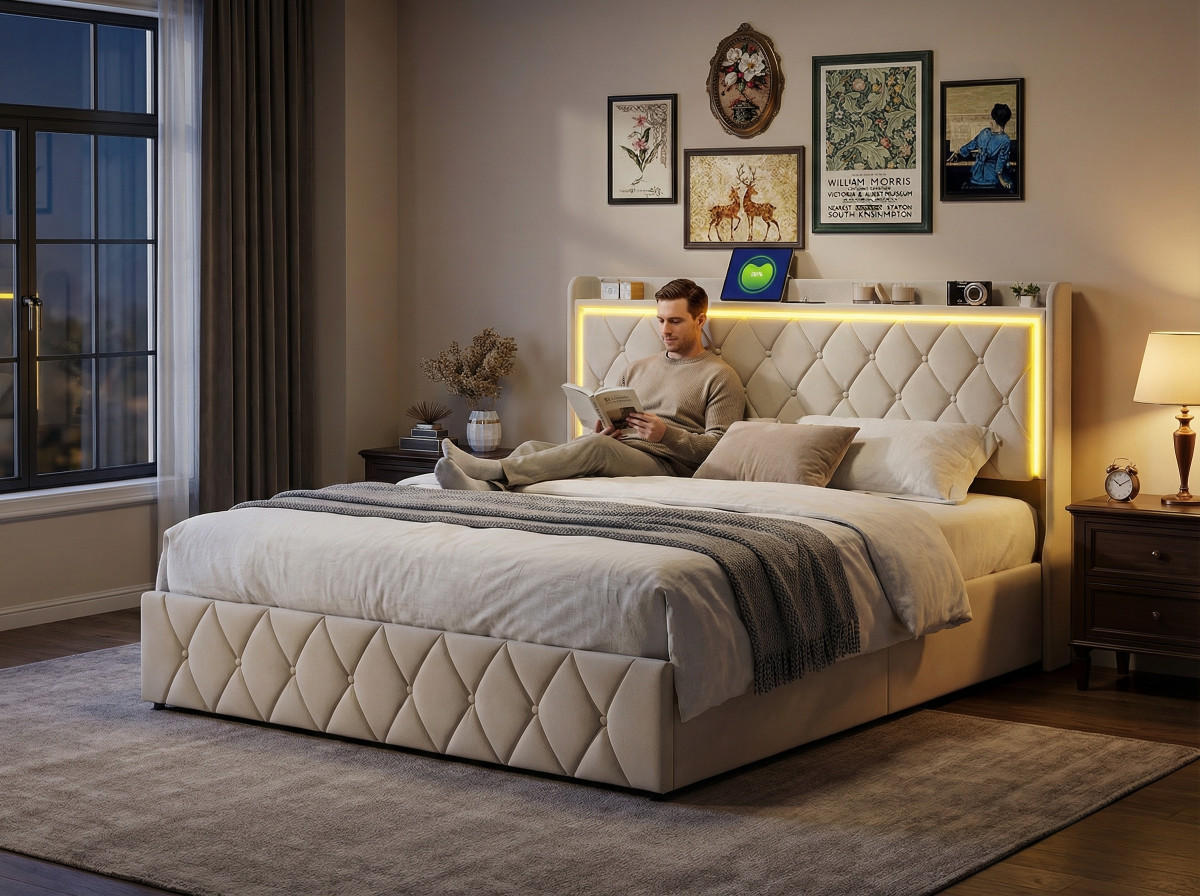 POLSTERBETT 140x200 cm in Beige mit LED, Stauraum & Ladestation - Beige, Holz/Metall (140/200cm) - PARAFTA HOME