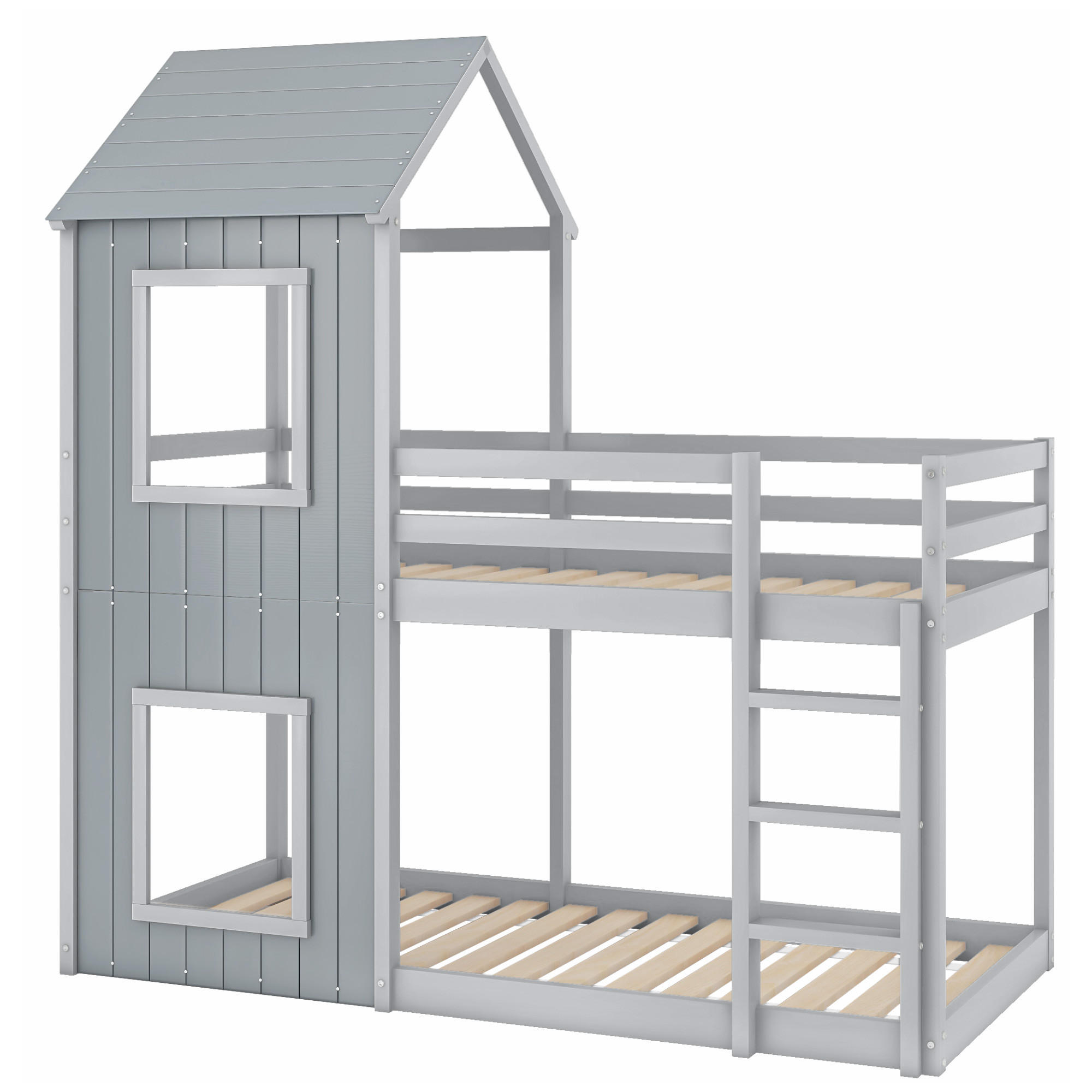 ETAGENBETT 90/200 cm Grau mit Leiter und Baldachin - Grau, Holz (90/200cm) - Oxeza