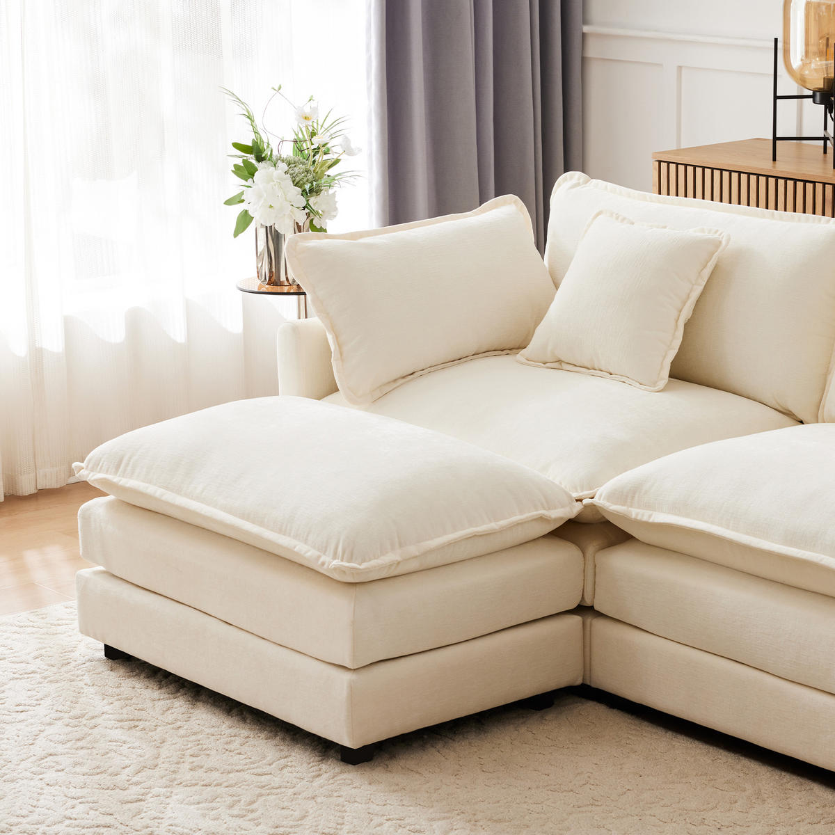 3-SITZER ECKSOFA Chenille Beige mit Kissen und Hocker - Beige, Holzwerkstoff/Kunststoff (283/147cm) - WISHDOR