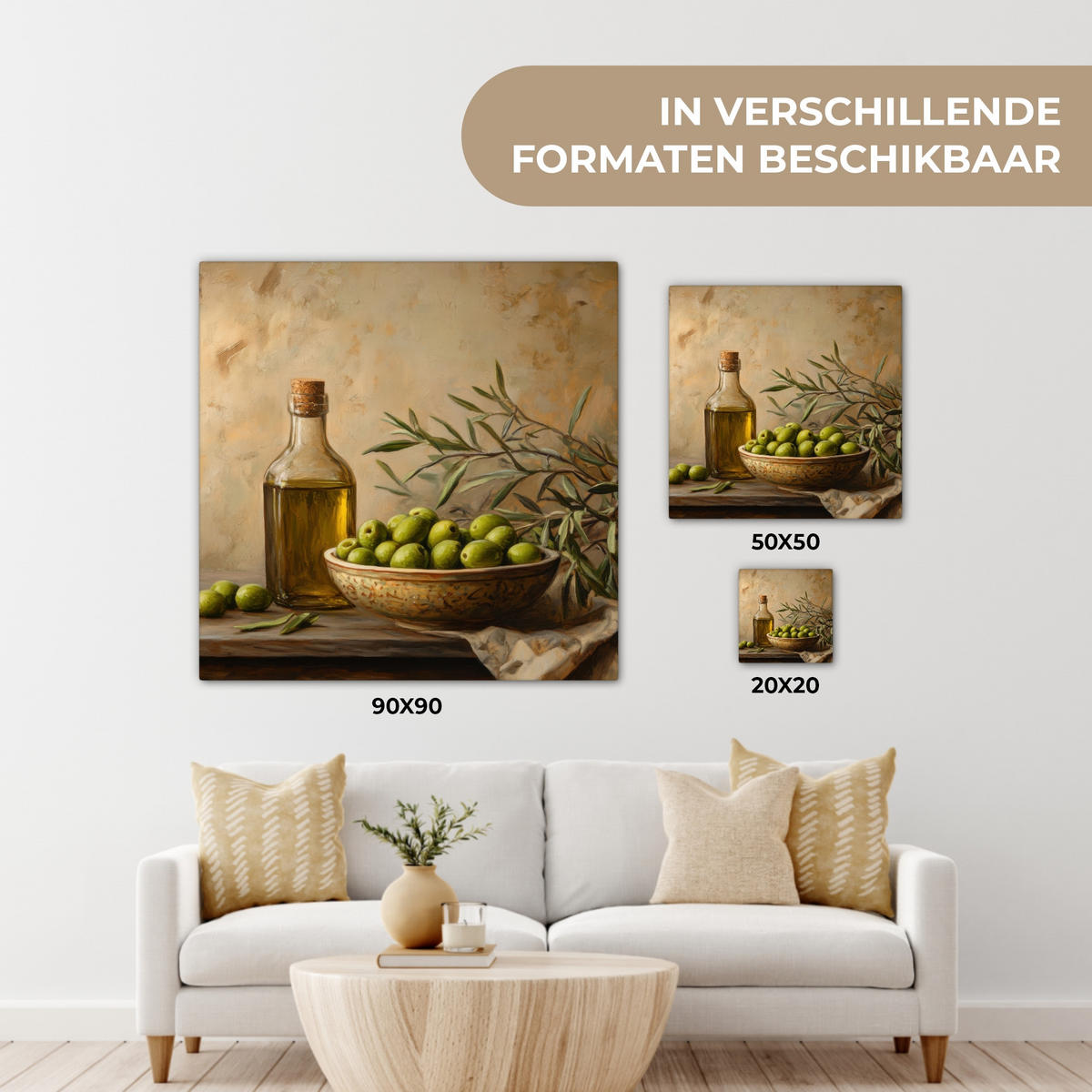 LEINWANDBILD Oliven - Stilleben - Vintage Deko Groß 90x90 cm - Olivgrün, Textil (90/90cm) - MuchoWow