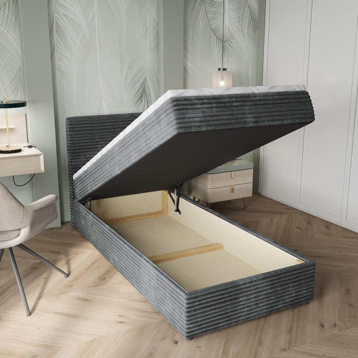 BOXBETT PISA 100 100x200 cm mit Matratze und Topper, H2+H3 - Graphitfarben - Graphitfarben, Holz (100/200cm) - MASSENO