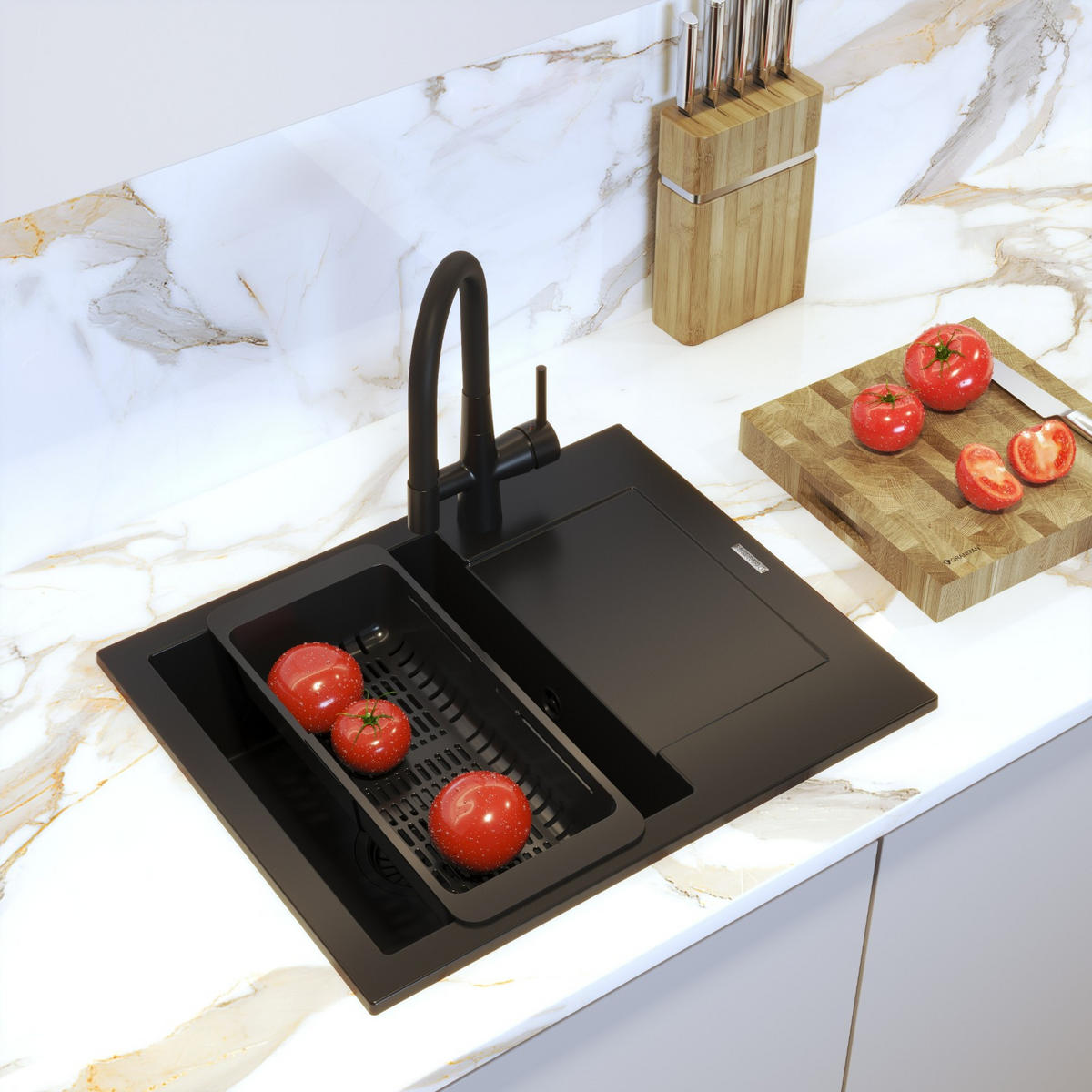 SPÜLBECKEN-SET Bello Schwarz 4-tlg. 570/470 mm Granit 1 Becken 3-Wege-Armatur Siphon - Schwarz, Stein (57/47/20cm) - Granitan