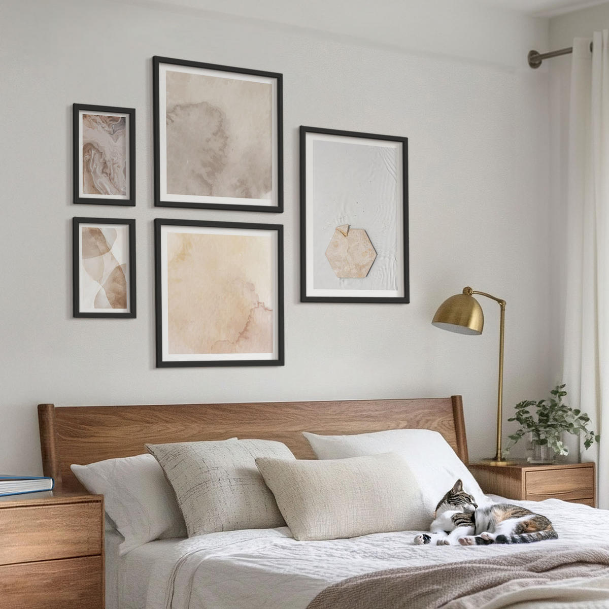 BILDER SET 5er Set - 50x50 cm & 20x30 cm & 40x60 cm Schwarzer Rahmen - Designabstraktion, Naturinspiration - Schwarz, Kunststoff (40/60cm) - TULUP