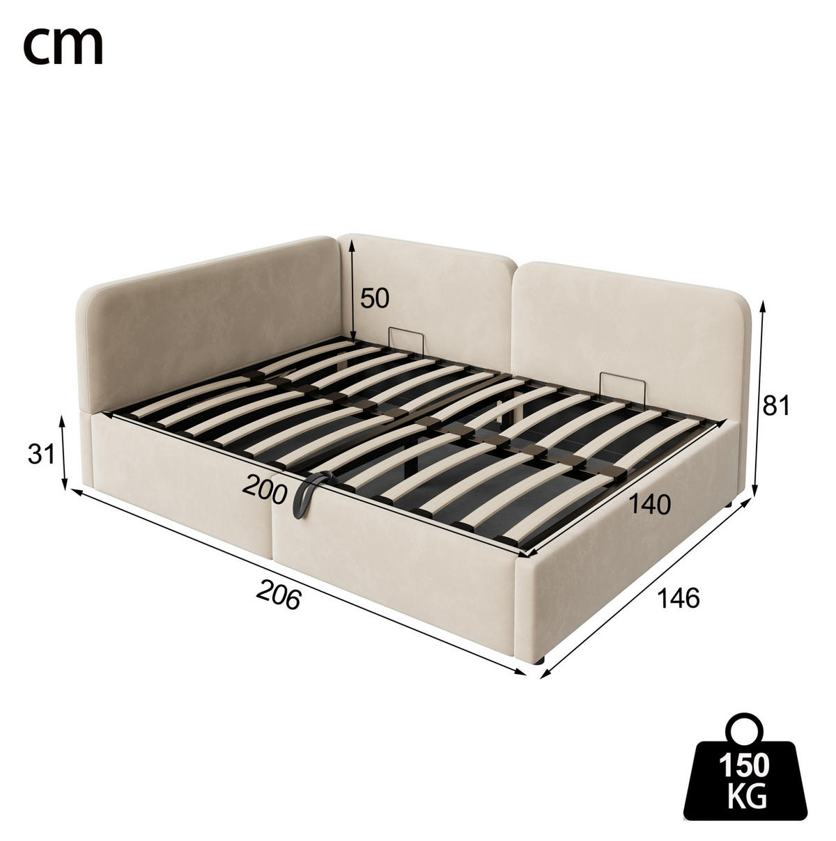 POLSTERBETT 140/200 cm aus Stoff mit hydraulischem Stauraum Beige - Beige, Textil (140/200cm) - Modenvie