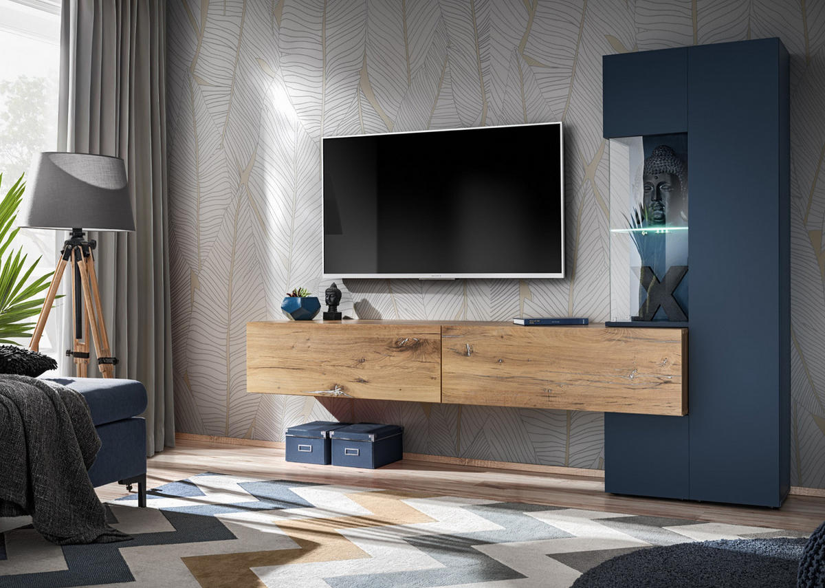 WOHNWAND Zinneiche, blau 210 cm, Schrankwand inklusive Beleuchtung - Blau/Eichefarben, Glas/Holzwerkstoff (210/162/40cm) - Furn.Design