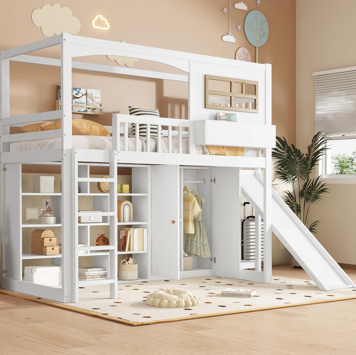 ETAGENBETT aus Kiefer, MDF und Sperrholz 90x200 cm Weiß/Natur mit Rutsche, Kleiderschrank und Regalen - Weiß, Holzwerkstoff (90/200cm) - Modfu