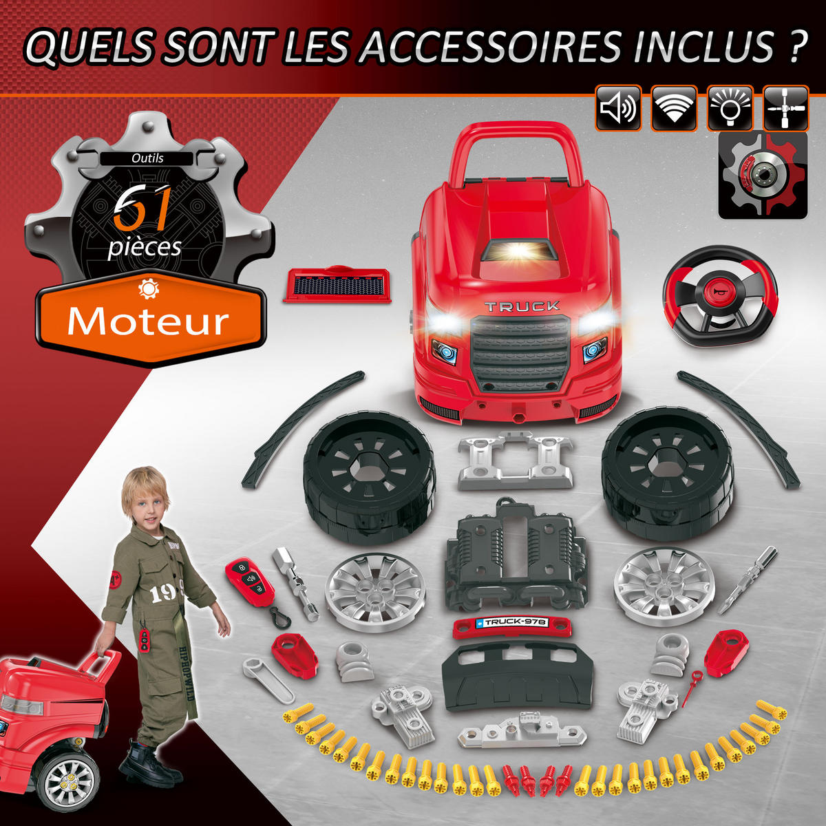 SPIELZEUG-LKW DE-18723 2-in-1 Mechaniker-Set mit Licht & Sound Rot - Rot, Kunststoff (39/47/40cm) - ComfortXL